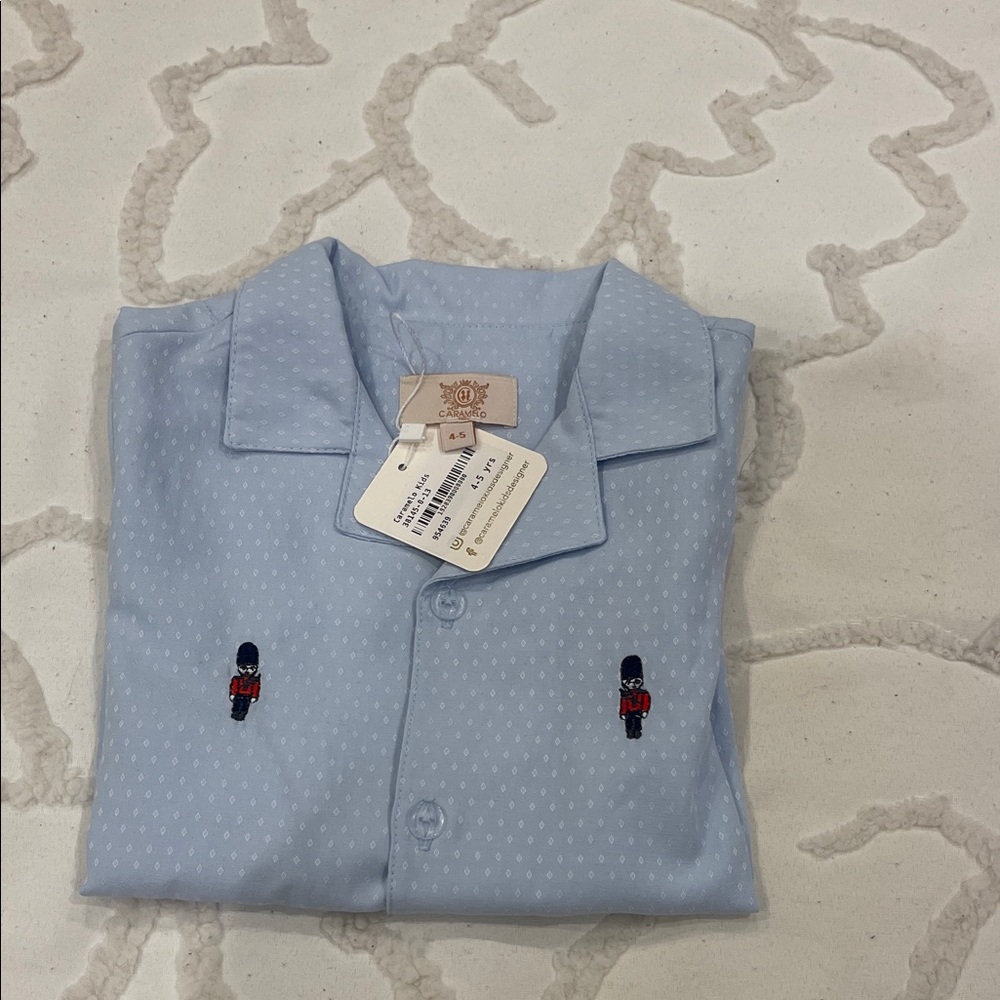 Kids Light Blue Button Down Shirt with Embroidered Guards